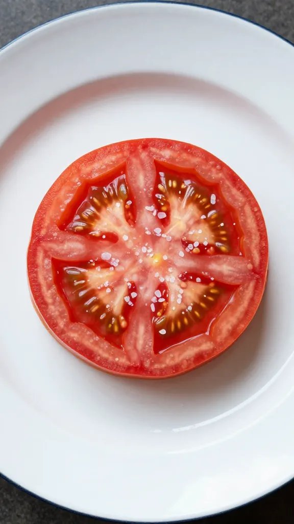 heirloom tomato slice on white enamel plate, salt flakes