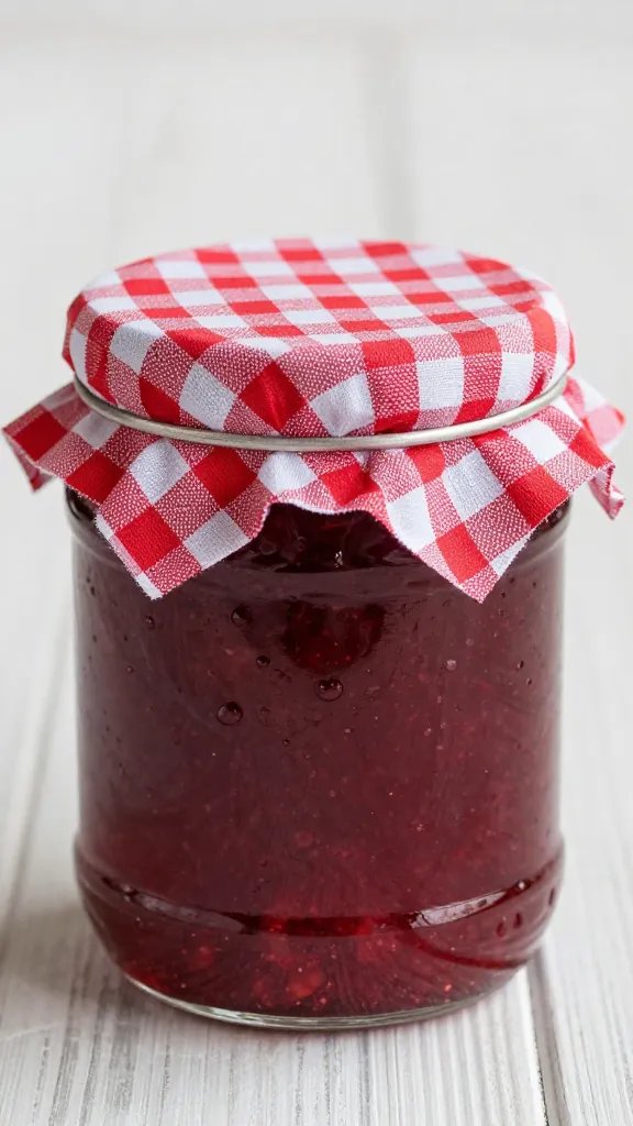 grandmother-style strawberry jam jar with gingham lid