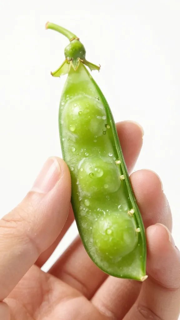 snap pea pod split open in hand, shallow depth