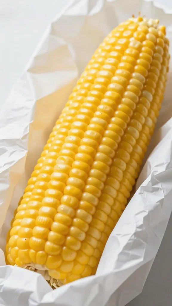 buttered corn on the cob in wax paper, closeup