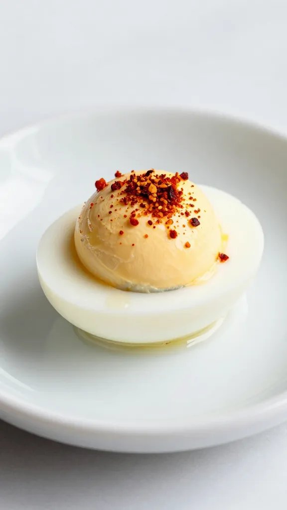 deviled egg with paprika on ceramic saucer, macro