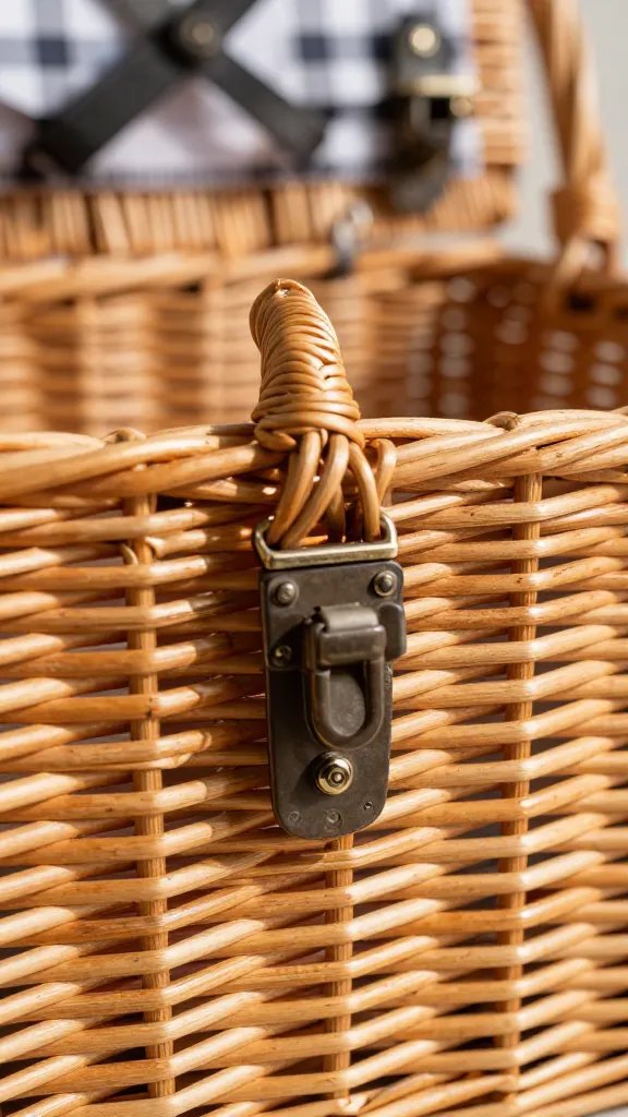 wicker picnic basket clasp detail, sunlit texture