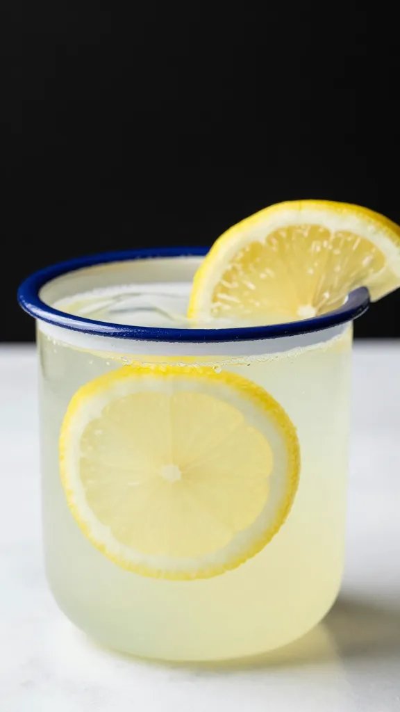 enamel mug of lemonade with lemon slice, rim condensation