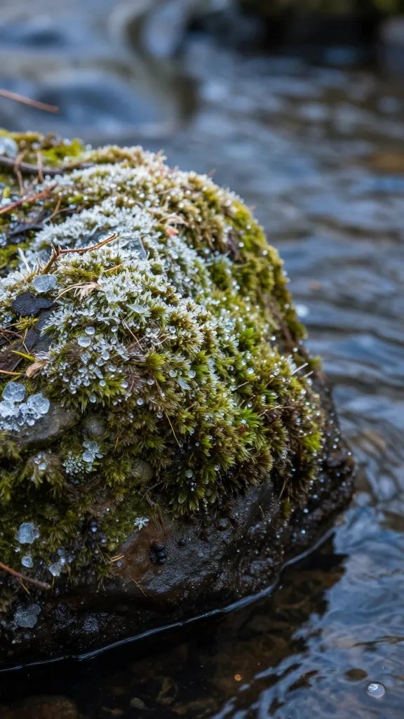 dew-covered mossy rock at stream edge, soft morning light