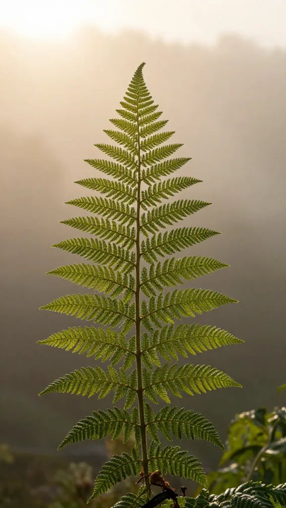 single fern frond backlit by misty sunrise