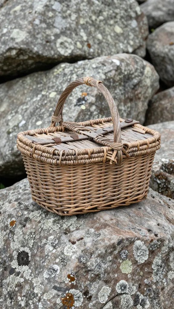 weathered picnic basket on lichen-covered boulder