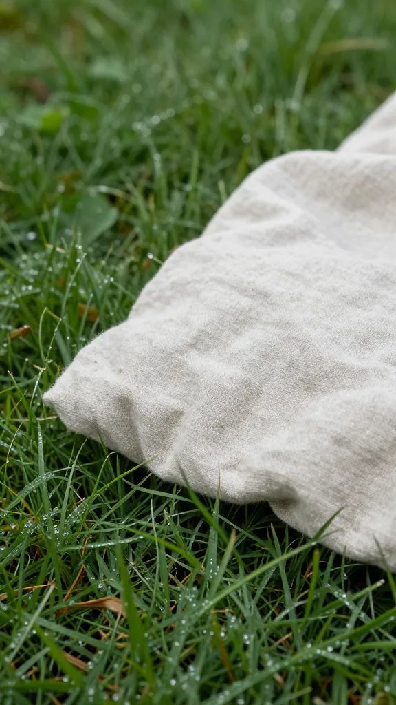 pale linen blanket corner on dewy meadow grass