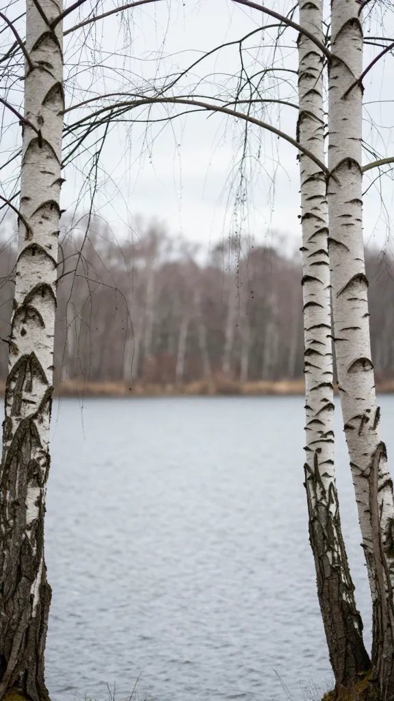 birch branch arch framing blurred lake background