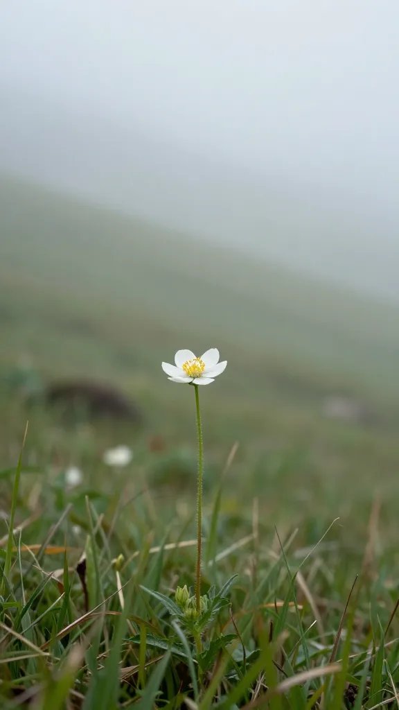 single wildflower against foggy hillside layers