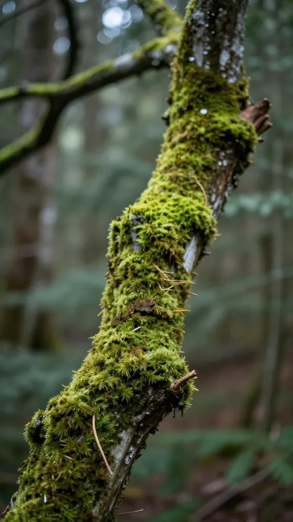 moss-draped tree limb with diffused forest light