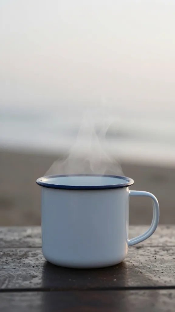 enamel mug steaming in soft coastal haze