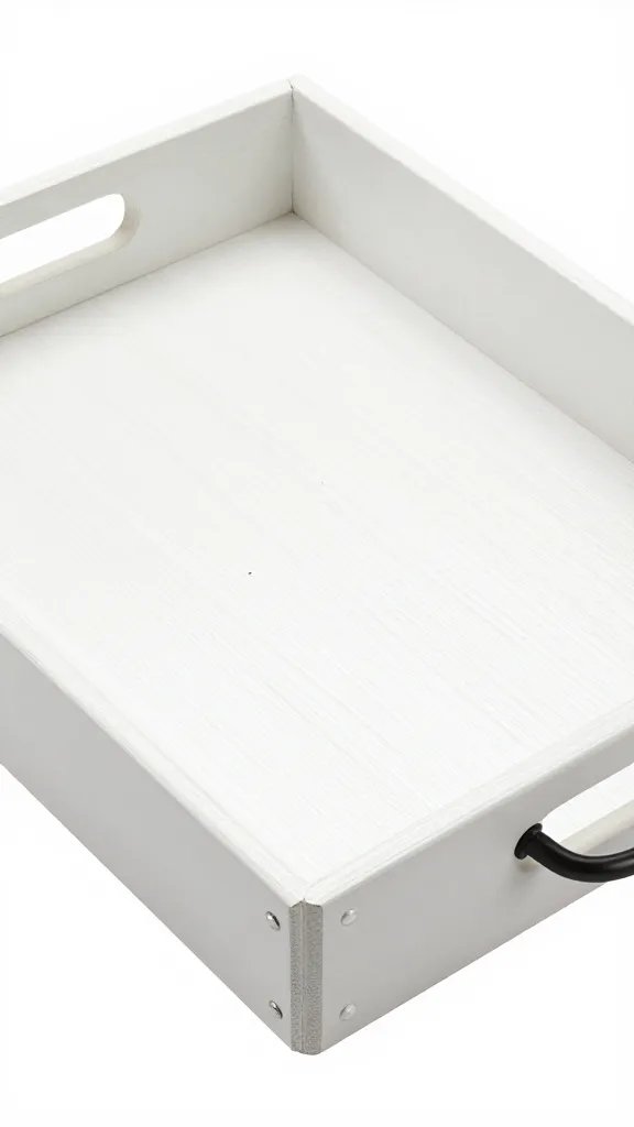 closeup of white oak picnic tray with black metal handles