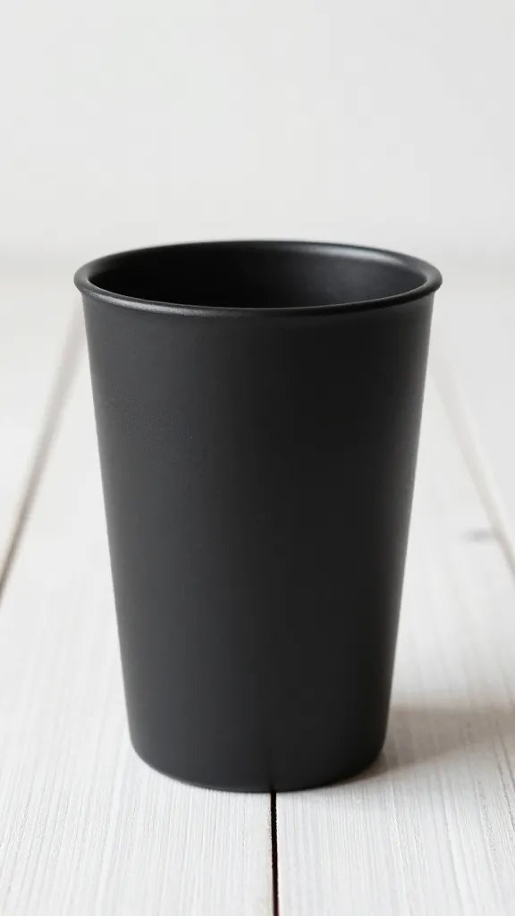 single matte black enamel tumbler on white oak table