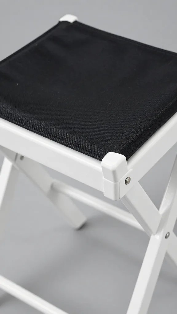 white oak folding stool with black canvas seat, closeup