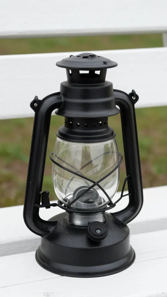 black powder‑coated lantern on white oak bench, detail