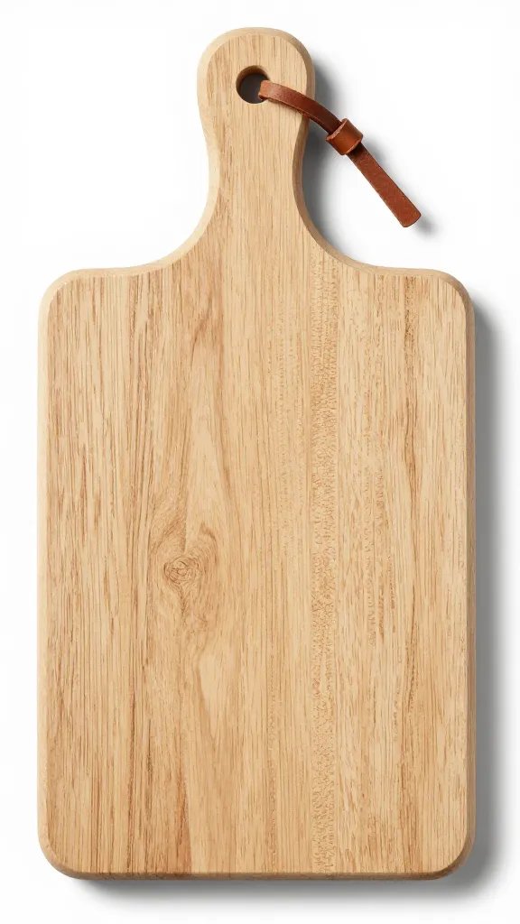white oak cutting board with leather loop, macro