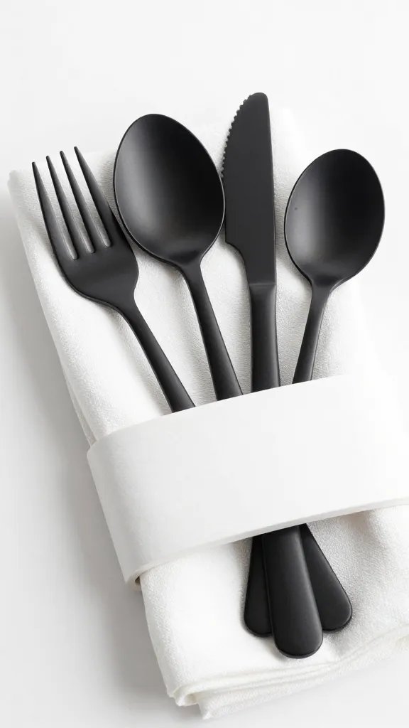 matte black flatware bundle on white oak napkin ring