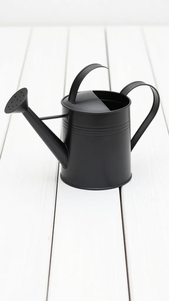 black galvanized watering can on white oak deck plank