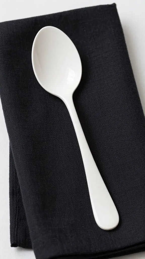 single white oak serving spoon on black linen napkin
