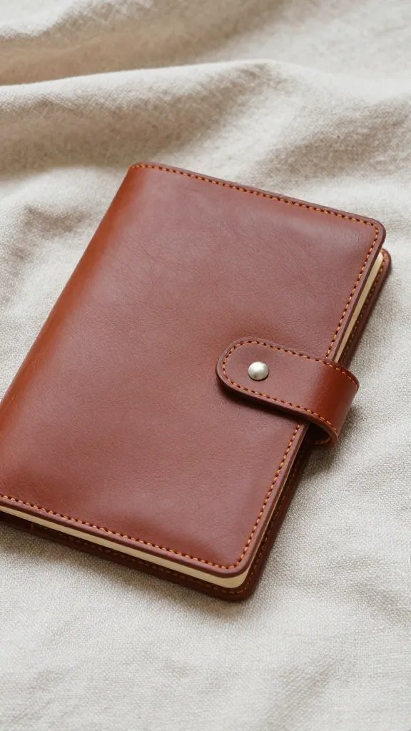 closeup of leather-bound journal on linen blanket