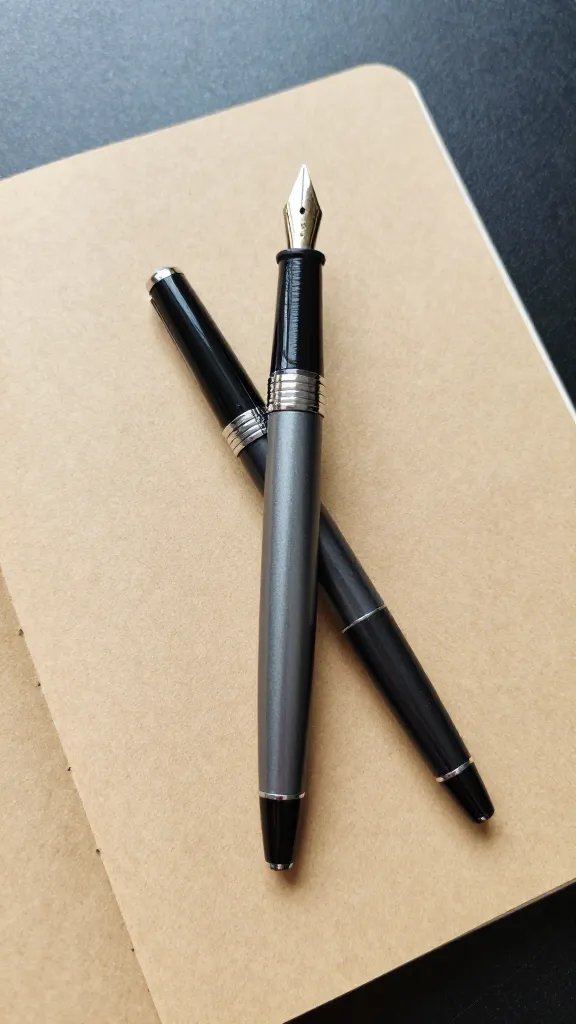 single fountain pen resting on kraft notebook