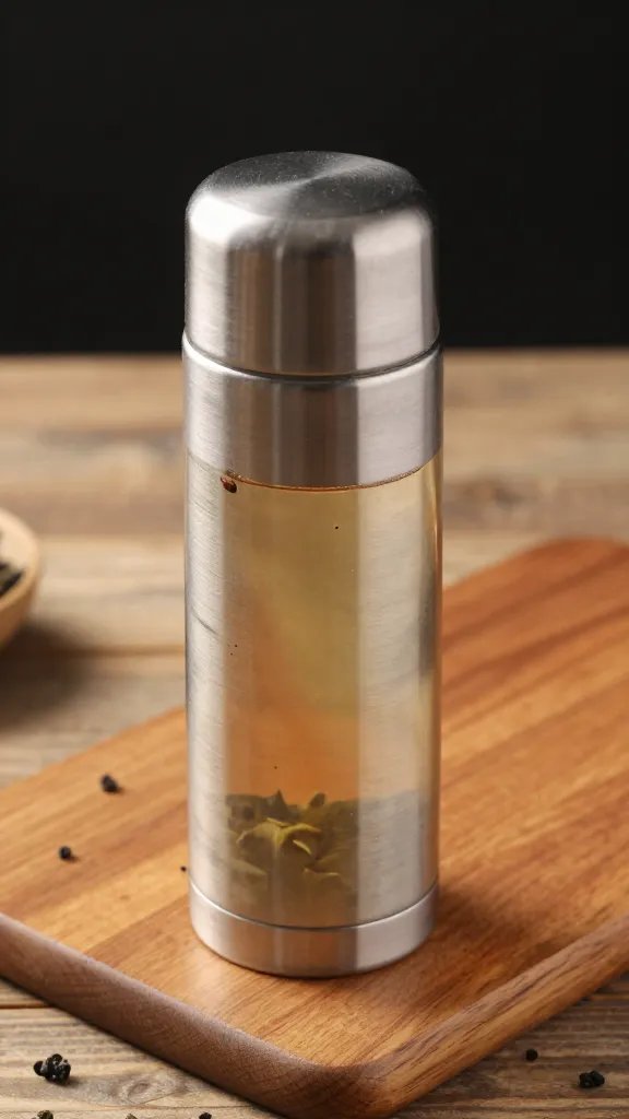 thermos of herbal tea on wood board