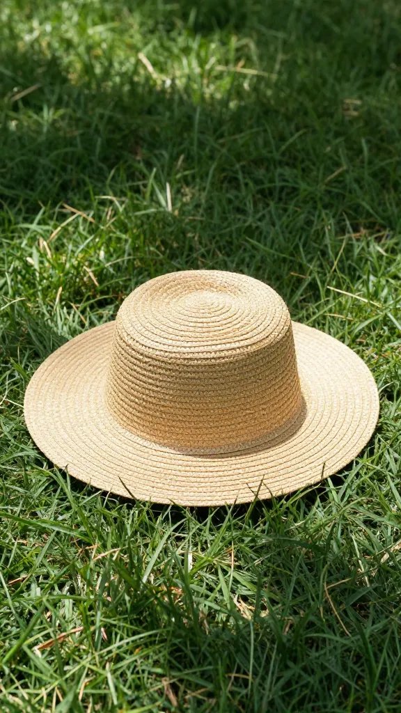 straw sun hat on dappled shade grass