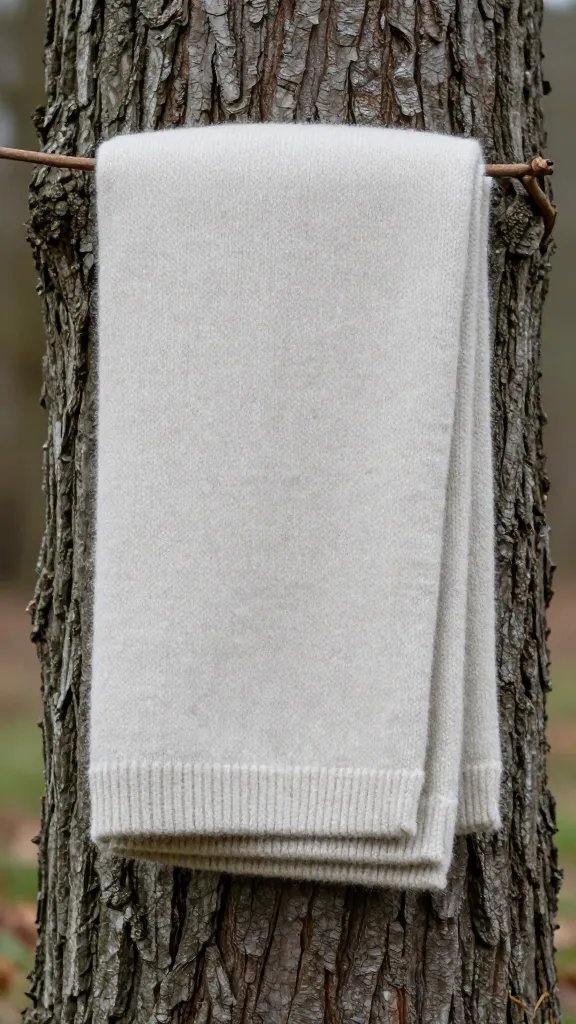 single wool throw folded against tree trunk