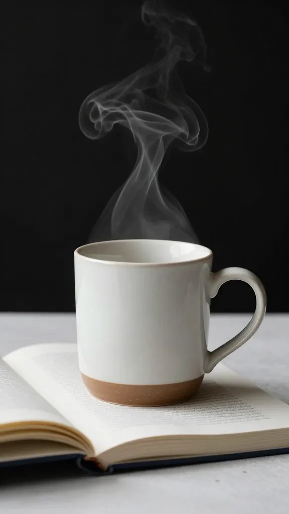 ceramic mug with steam beside open page