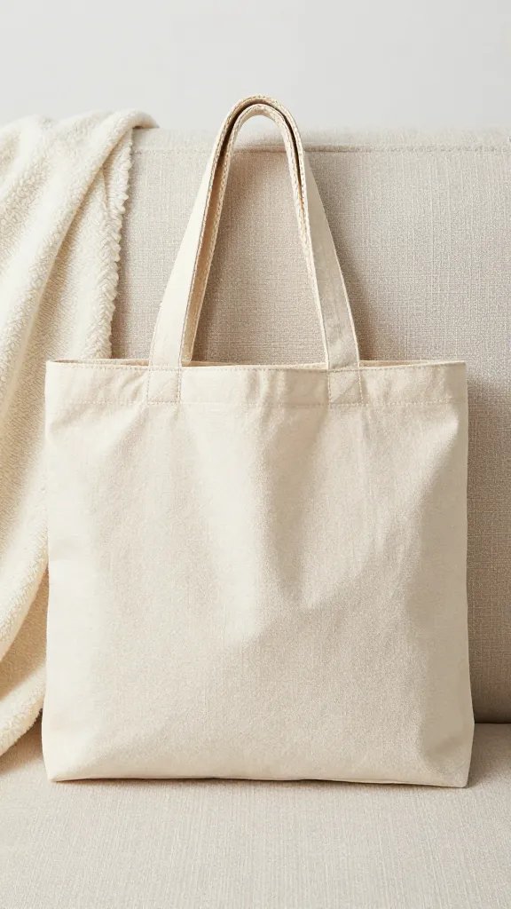 canvas tote bag with braided handle on blanket