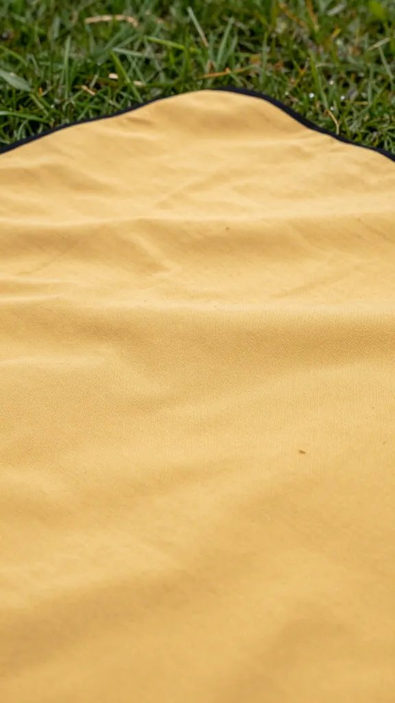 closeup of mustard-yellow picnic blanket on grass