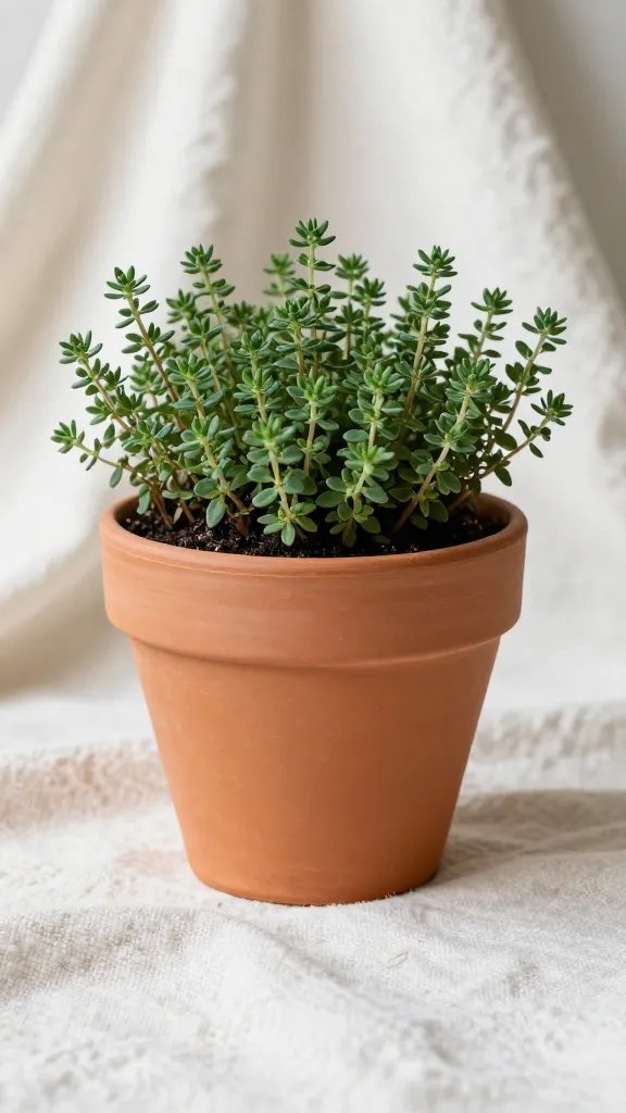 single terracotta planter with trailing thyme on blanket