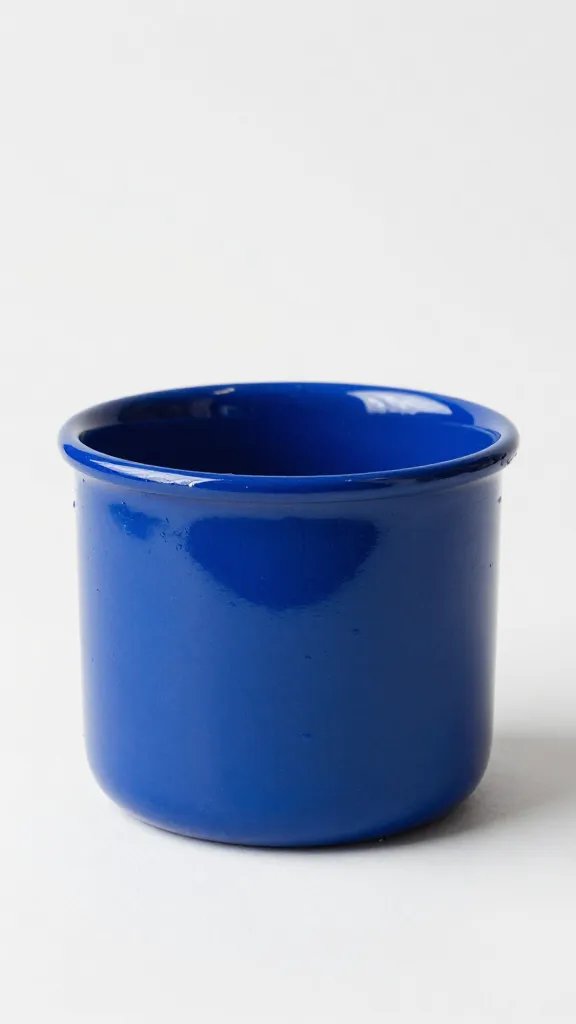 cobalt-blue enamel mug with condensation on rim