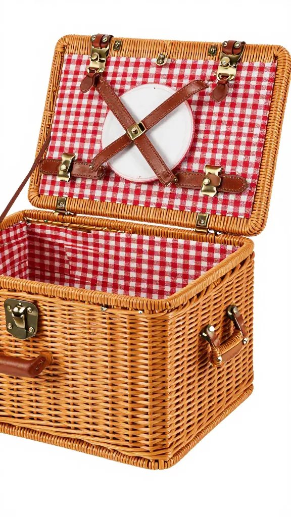 woven rattan picnic basket corner with leather latch