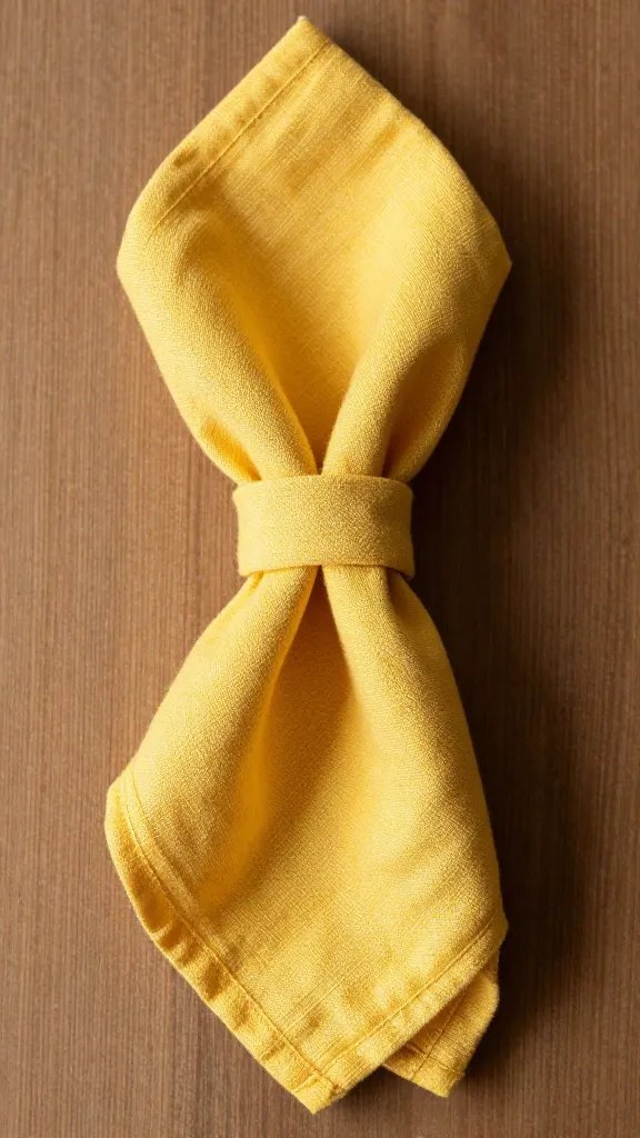 sunflower-yellow linen napkin knotted on tabletop