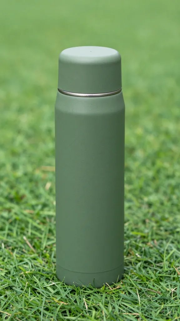 matte green thermos with scratched finish on turf