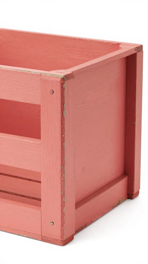 coral-painted wooden crate side with chipped paint