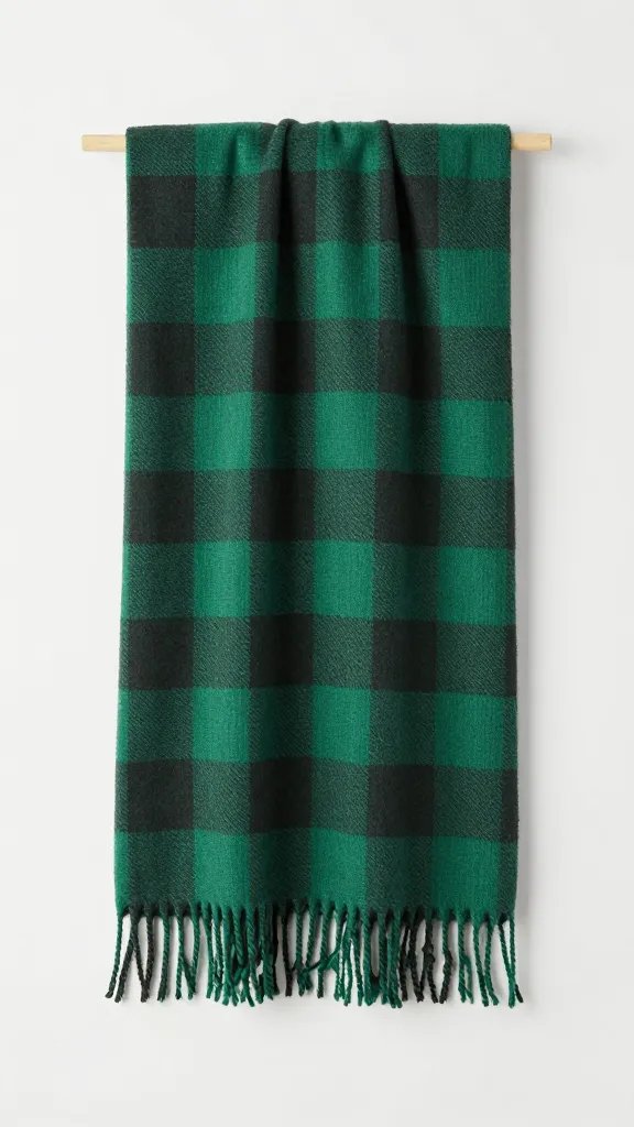 emerald plaid throw folded with fringe detail
