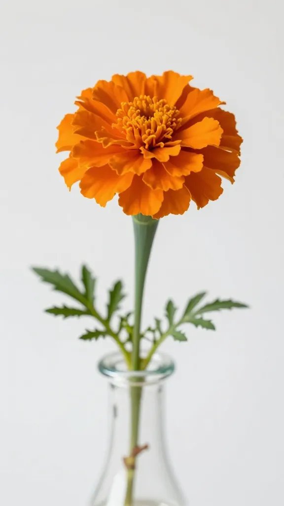 orange marigold stem in small glass bud vase