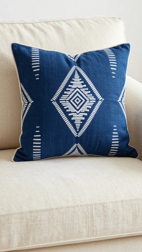 closeup indigo Adire pillow on cream linen sofa