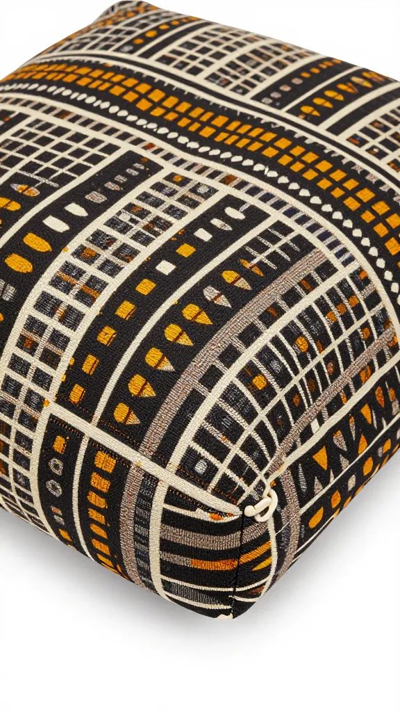 Adire grid-pattern cushion, tight shot on seam