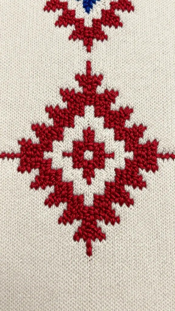 hand-stitched Berbere motif on wool, closeup