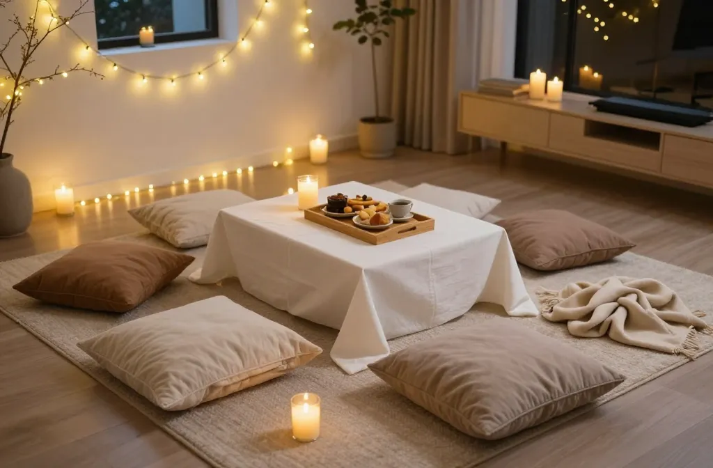 How to Create a "Vibey" Indoor Picnic with Floor Cushions and Fairy Lights Tonight