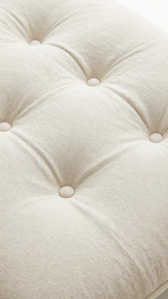 closeup of linen floor cushion with tufted buttons