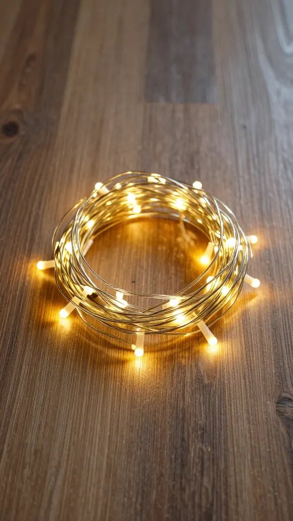single brass fairy light strand coiled on wood floor