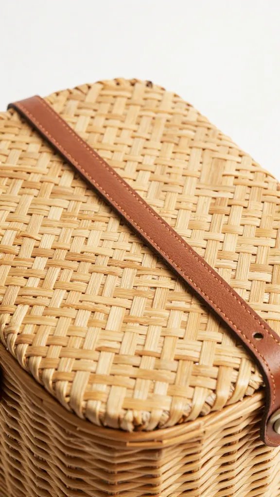 woven picnic basket lid with leather strap detail