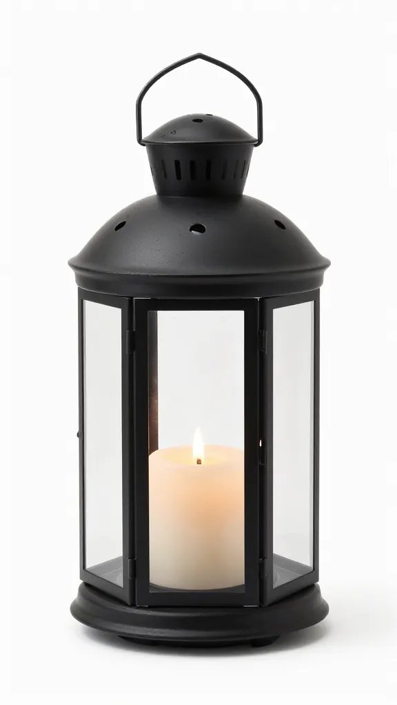 matte black candle lantern with flickering pillar candle