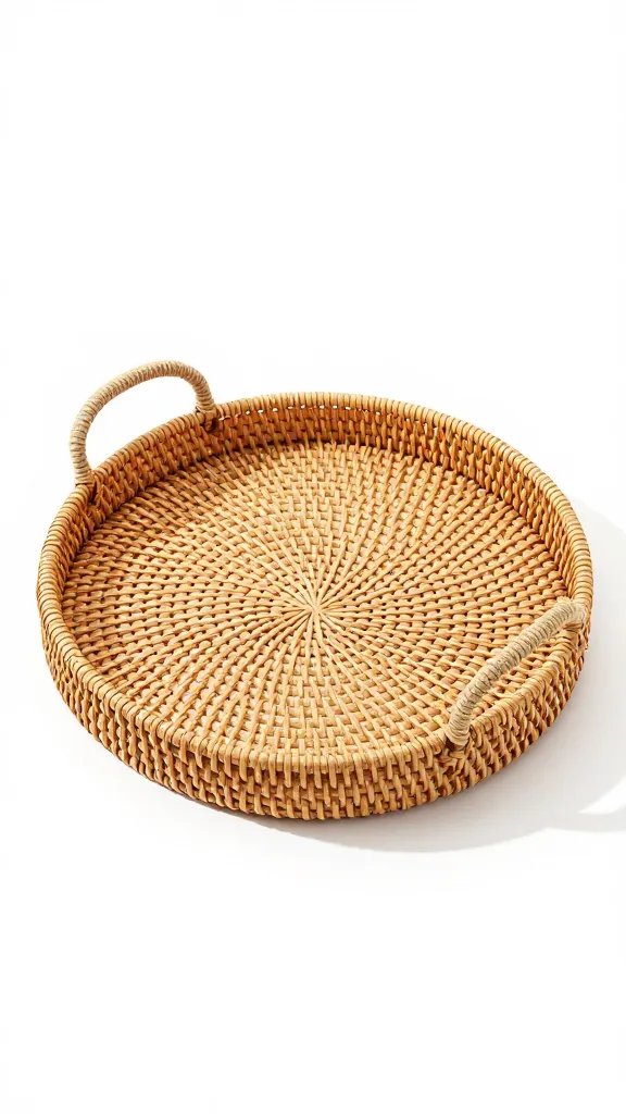 rattan serving tray with natural rope handles