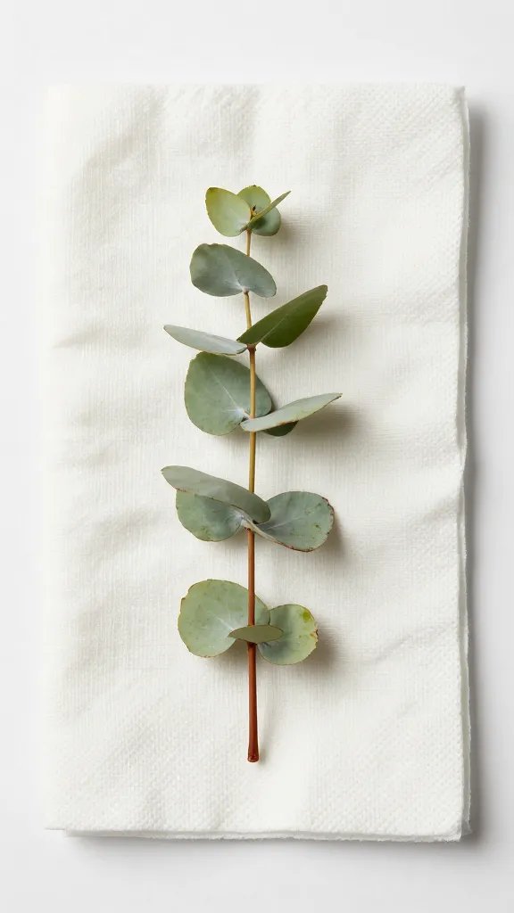 single eucalyptus stem on neutral cotton napkin