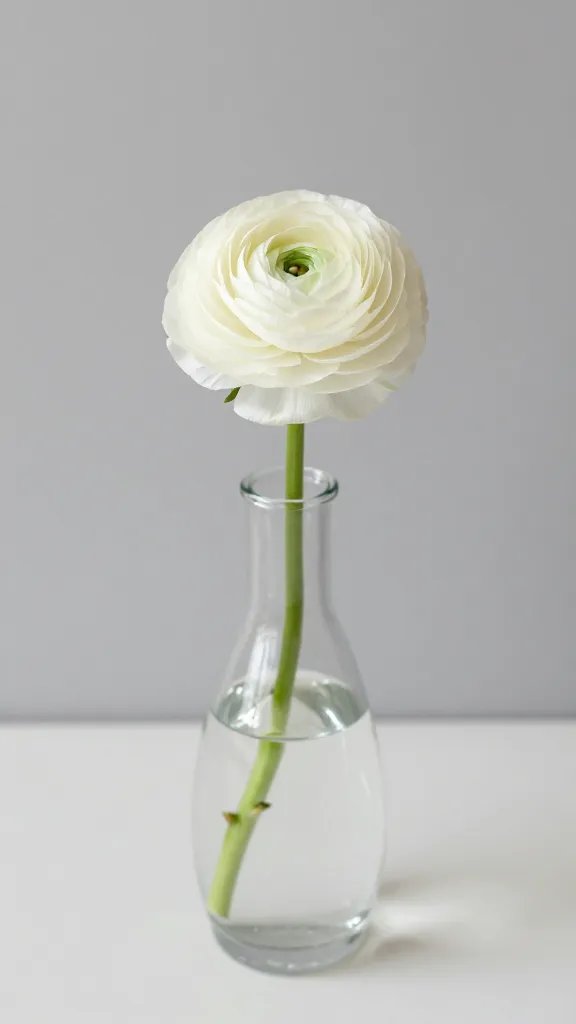 glass bud vase with one ranunculus bloom